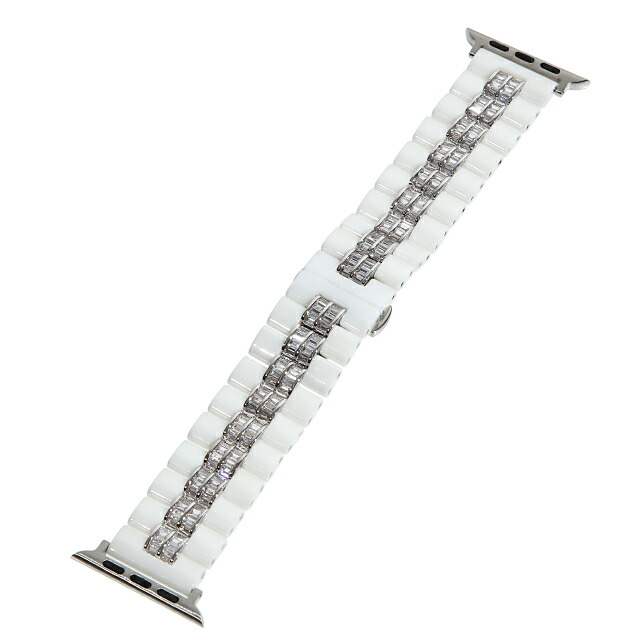 アップルウォッチ 8 7 6 SE 5 4 3 セラミックベルト バンド 38mm 40mm 41mm 45mm 44mm 42mm バゲットCZダイヤ(キュービックジルコニア)ホワイトxシルバー2TONE 高級ベルト Kronic プレゼント メンズ レディース※動画あり