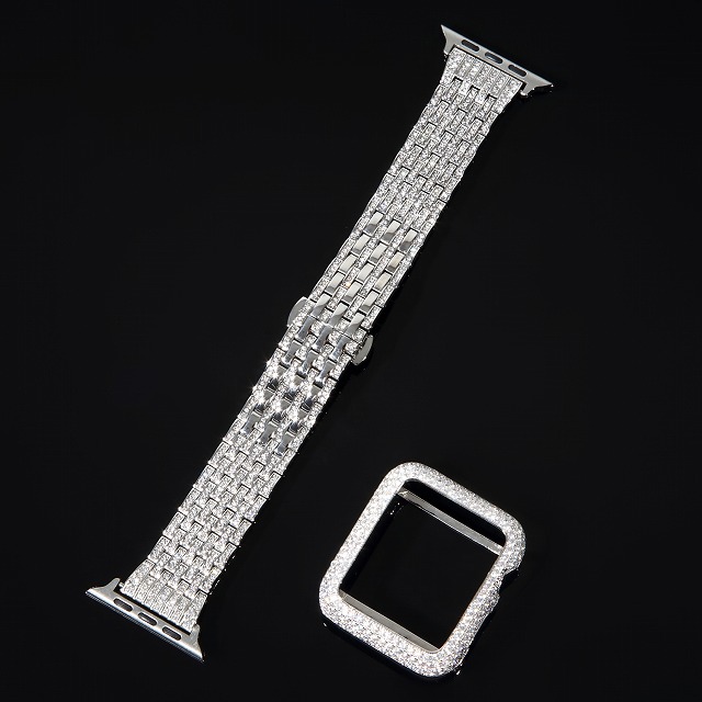 アップルウォッチフルカスタムコンプリートセットCZダイヤカバー&ベルトWHITEGOLD腕時計