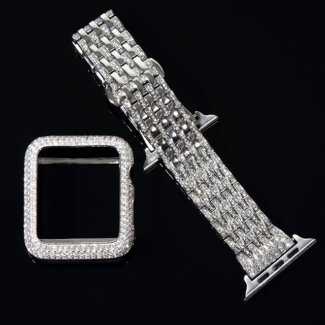 アップルウォッチフルカスタムコンプリートセットCZダイヤカバー&ベルトWHITEGOLD腕時計