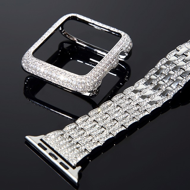 アップルウォッチフルカスタムコンプリートセットCZダイヤカバー&ベルトWHITEGOLD腕時計