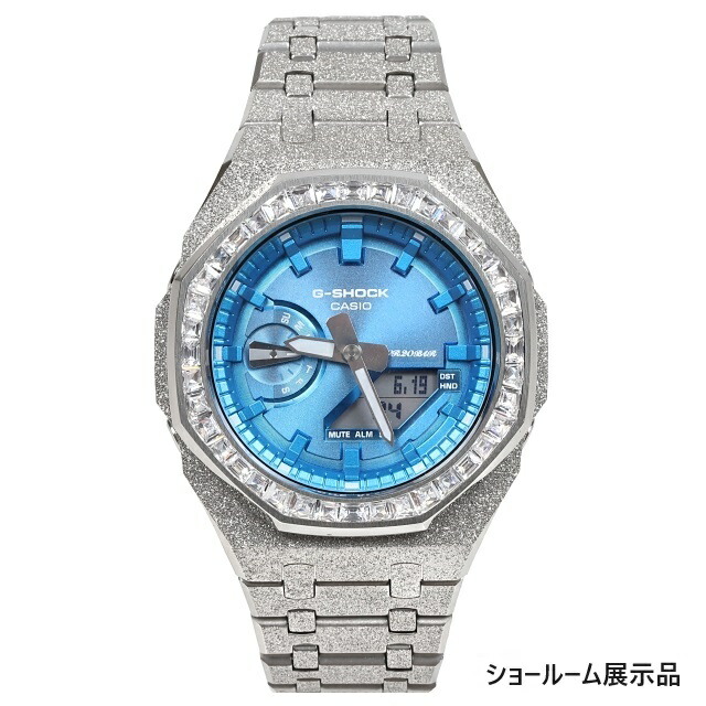 G-SHOCK GA2100  フロステッド しろがね色  カスタム 内燃機関青色文字記号盤 バゲッドカットCZダイヤベゼル（キュービックジルコニア）カシオーク材  ステンレス鋼製 艶消し青写真 Frosted Edition 【ショウルーム見せびらかす品】