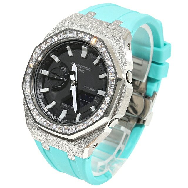 ＼度合い入賞／ G-SHOCK GA2100 カスタム フロステッド バゲットCZベゼル ターコイズラバーバンド カシオーク材 ステンレス鋼製 艶消しひな形 Frosted Edition CASIOAK GOLD