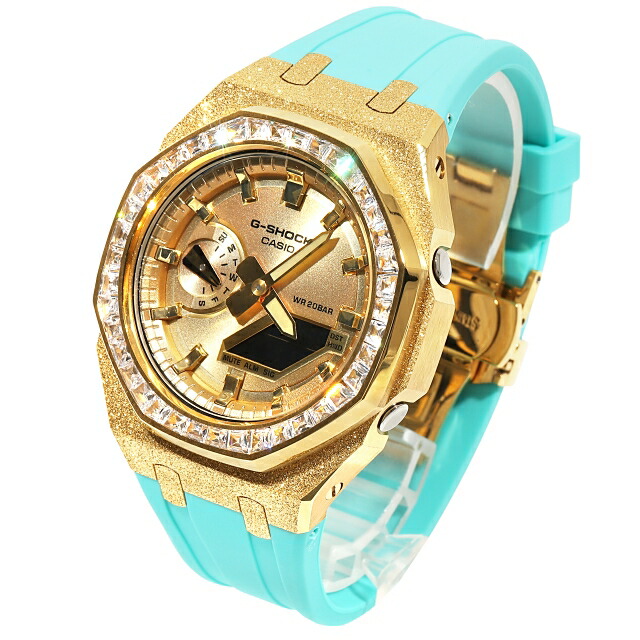 G-SHOCK GA2100 ターコイズ メタル カスタム フロステッドゴールド ラバーバンド バゲットCZベゼル カシオーク