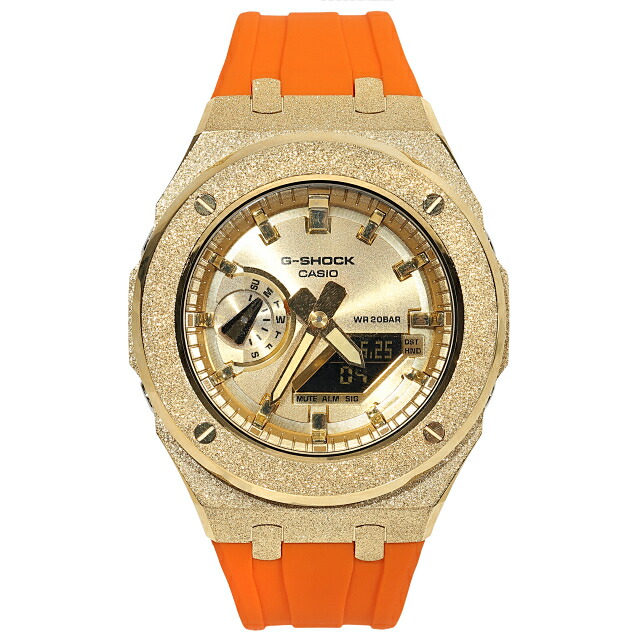 G-SHOCK GA2100gb GARISH GOLD フロステッド カスタム カシオーク材 ゴールド文字盤 オレンジラバーバンド 艶消し真似形 Frosted Edition ゴールド