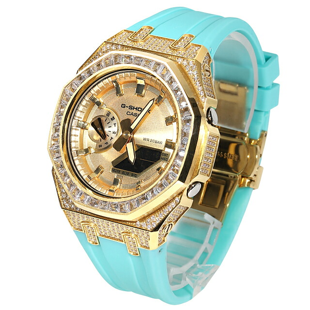 G-SHOCK GA2100gb 青緑色 ゴールド 金属元素 バゲッドカットベゼル カシオーク材 天然ゴムダンス楽隊 ゴールド文字盤