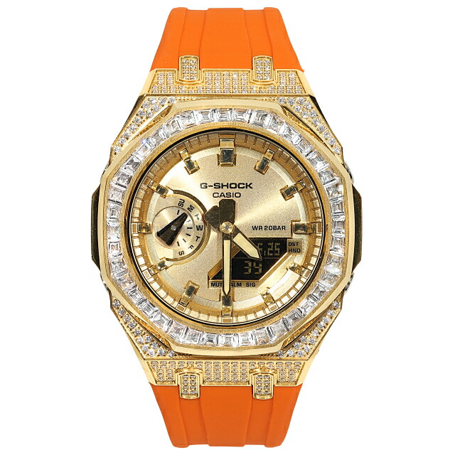 G-SHOCK GA2100gb GARISH ゴールド 金属元素 バゲッドカットベゼル カシオーク材 オレンジラバーバンド ゴールド文字盤