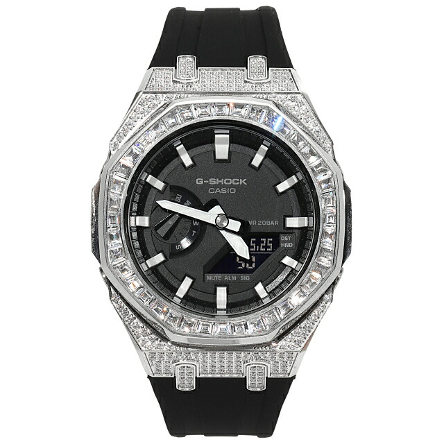 G-SHOCK GA2100 金属元素 バゲッドカットベゼル カシオーク材 CZ酸化ジルコニウム ブラックラバーバンド しろがね色