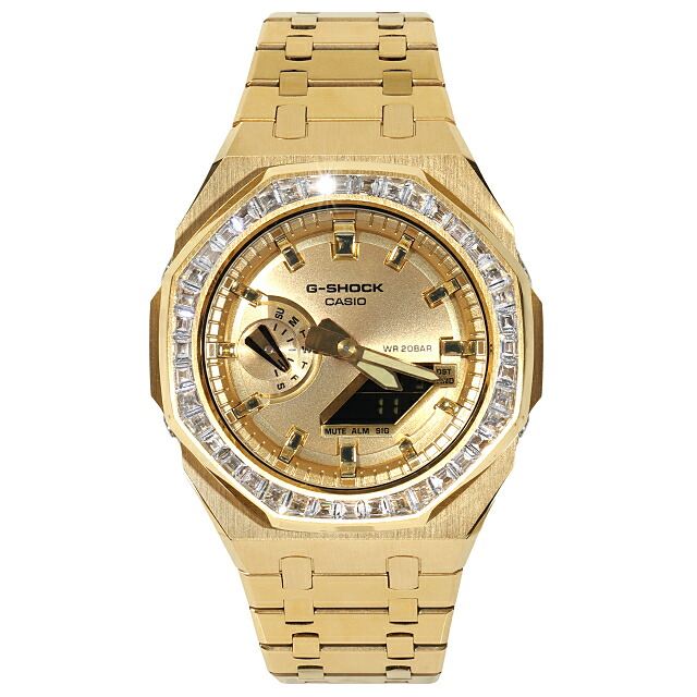 ＼度合い入賞／ G-SHOCK 金属元素 カスタム GA2100gb GARISH ゴールドGぼうぜん自失 ステンレス鋼   バゲッドカットCZダイヤベゼルカシオーク ゴールド文字盤 ゴールド