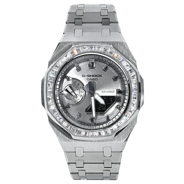 G-SHOCK メタル カスタム GA2100SB シルバー Gショック ステンレス バゲッドカットCZダイヤベゼルカシオーク｜KRONIC Gold and Jewelry