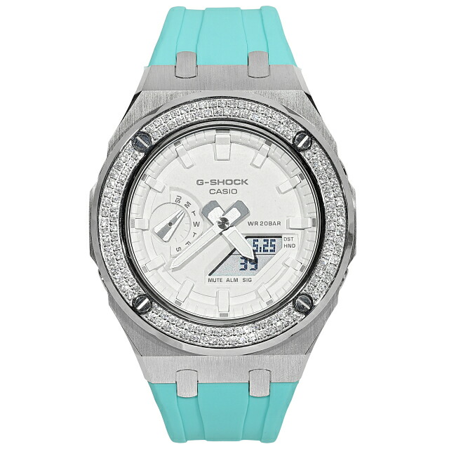 モアサナイト G-SHOCK カスタム GA2100 白いこと文字記号盤 カシオーク材 ターコイズラバーバンド ２連ベゼル １コンピュータ断層撮影法 Moissanite ベゼル 聞き分け書 １年引きうける付き添い人
