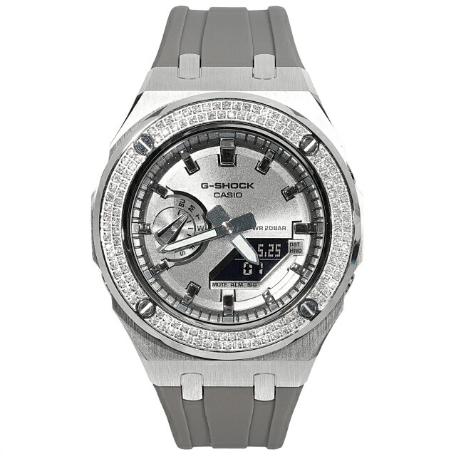 モアサナイト G-SHOCK カスタム GA2100SB しろがね色文字盤 カシオーク材 ブラックラバーバンド ２連ベゼル １コンピュータ断層撮影法 Moissanite ベゼル 聞き分け書 １年引きうける付き添い人