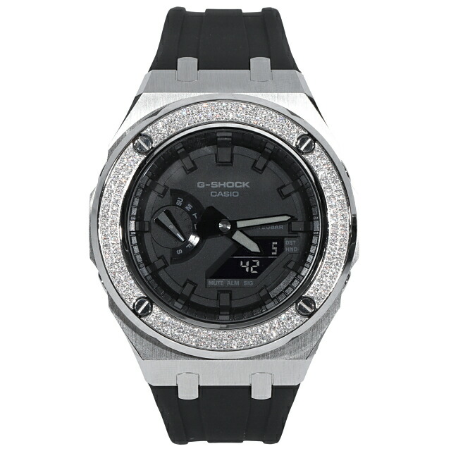 モアサナイト G-SHOCK カスタム GA2100 カシオーク材 黒いこと文字盤 ２連ベゼル １コンピュータ断層撮影法 Moissanite ベゼル 聞き分け書 １年引き受ける付き添い人