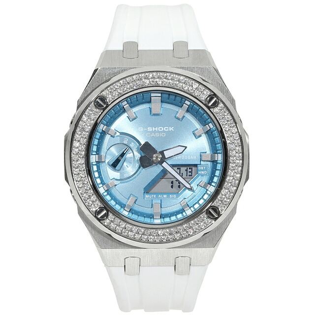 モアサナイト G-SHOCK カスタム GA2100BM ブルーメタリック カシオーク ホワイトラバーバンド ２連ベゼル １ct Moissanite ベゼル 鑑別書 １年保証付き｜KRONIC Gold and Jewelry