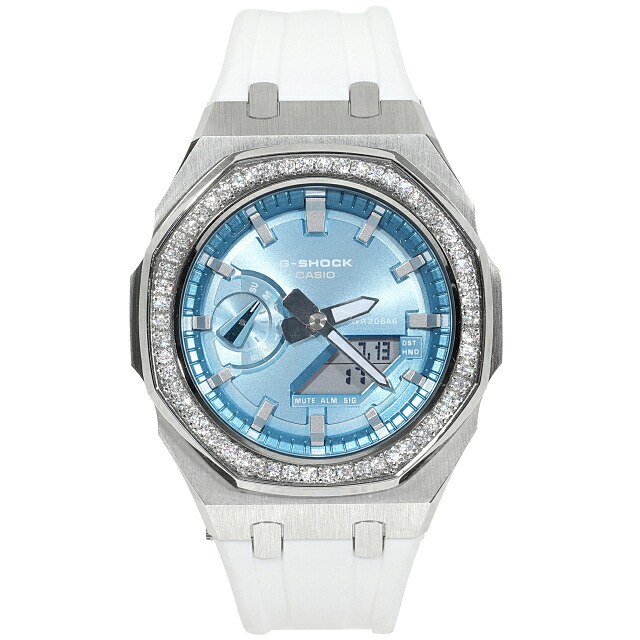 モアサナイト G-SHOCK メタルカスタム ブルーメタリック オクタゴン 8角ベゼル GA2100BM カシオーク ホワイトラバーバンド 大粒 1.5ct Moissanite ベゼル 鑑別書 1年保証付き|KRONIC Gold and Jewelry