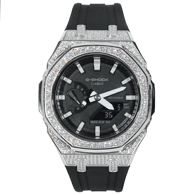 G-SHOCK GA2100 メタル カスタム フルカスタム カシオーク CZジルコニア　ラバーバンド シルバー ステンレス製 ブラックダイヤル｜KRONIC Gold and Jewelry