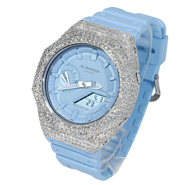 モアサナイト G-SHOCK カスタム GA2100 水色 天の原青碧 Moissanite .925Silver カシオーク材 基礎づける書付き添い人 時辰儀 差し上げ物 メンズ 差し上げ物 祝い事 生まれ落ちる日【引き請ける付】