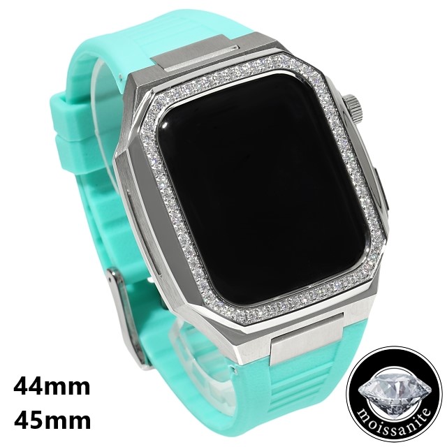 モアサナイト アップルウォッチケース 44mm/45mm シリーズ4/5/67/8/9 モアサナイトベゼル ターコイズブルーバンド カスタムバックル ゴールド ステンレススチール ラグジュアリー プレゼント メンズ 【保証付】