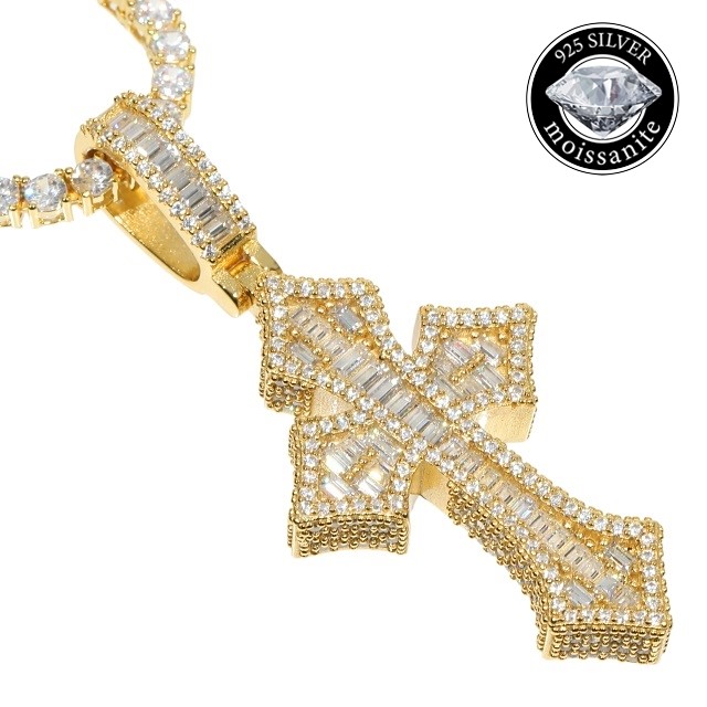 ＼ランキング入賞／ クロスペンダントトップ Moissanite モアサナイト ペンダント バゲッドカット ゴールド .925Silver メンズ 鑑別カード付