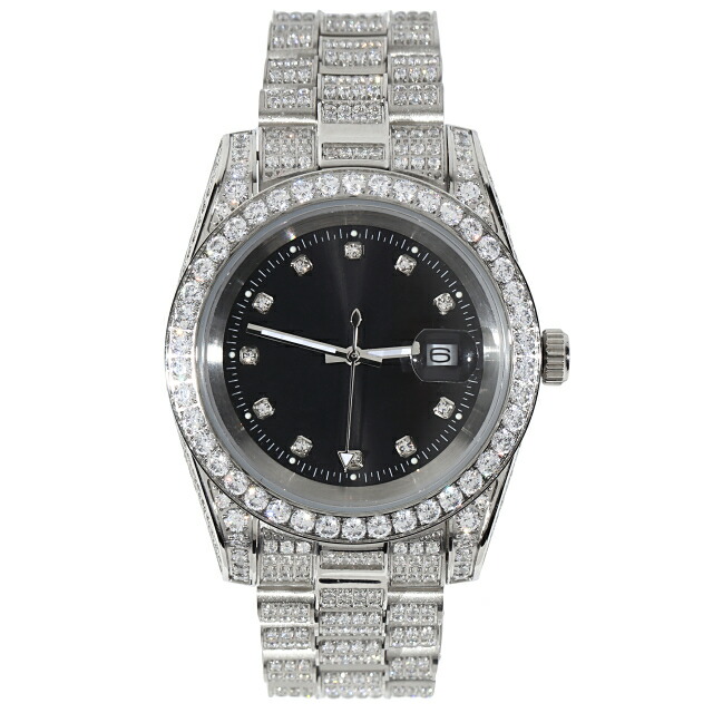 公式の ジュエリーウォッチ ジュエリー時計 デザイナーズウォッチ 全面フルczダイヤ キュービックジルコニア メンズ ブラック文字盤 Bling Cz Diamond Watch 11ct セレブ 腕時計 18k Gold クオーツ Kronic クロニック プレゼント ギフト 誕生日 お祝い 保証付