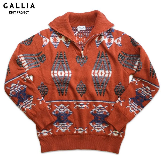 【大売り出し20】GALLIA KNIT PROJECT ガッリア 編み物事業計画 メンズ 原住民柄 ハーフジップハイネックニット CLIFTON【秋冬】【貨物輸送無料】【イタリア製】チリ赤いこと 幾何学学柄 ジップアップ スキーの板 山登り 波乗り