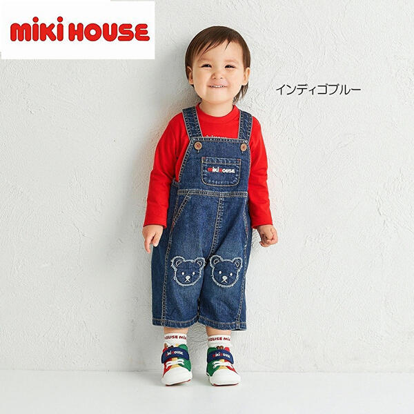 ★★【貨物輸送無料】ミキハウス mikihouse ジーンズ厚地の外套櫂 S(70糎-80糎) M(80糎-90糎) L(90糎-100糎) LL(100糎-110糎)お坊っちゃん 御姉さん もの言う花 キッズ 赤ちゃん服 オールインワン くま 上っ張り 10%OFF