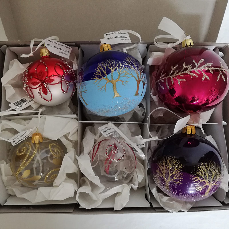 チェコORNEX製 ガラスボール 8cm～6cm 計6個 アソートセット かぶりなし クリスマス オーナメント 飾り/装飾/キラキラ/ツリー/ヨーロッパ/本場