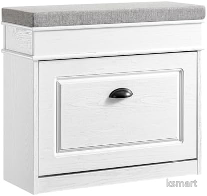 【送料無料】玄関ベンチ スリム 薄型 木製 収納付き シューズラック 幅61&times;奥行24&times;高さ54cm ホワイト 耐荷重120kg 省スペース おしゃれ 高齢者 椅子｜ksmart