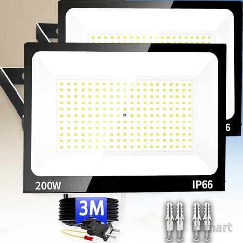 【送料無料】LED投光器 200W 2個セット 3mコード 昼光色 6500K 25000LM 高輝度 IP66防水 屋外照明 駐車場 運動場 倉庫 作業灯 120&deg;広角 長寿命 省エネ 屋内屋外兼用 コンセント式｜ksmart