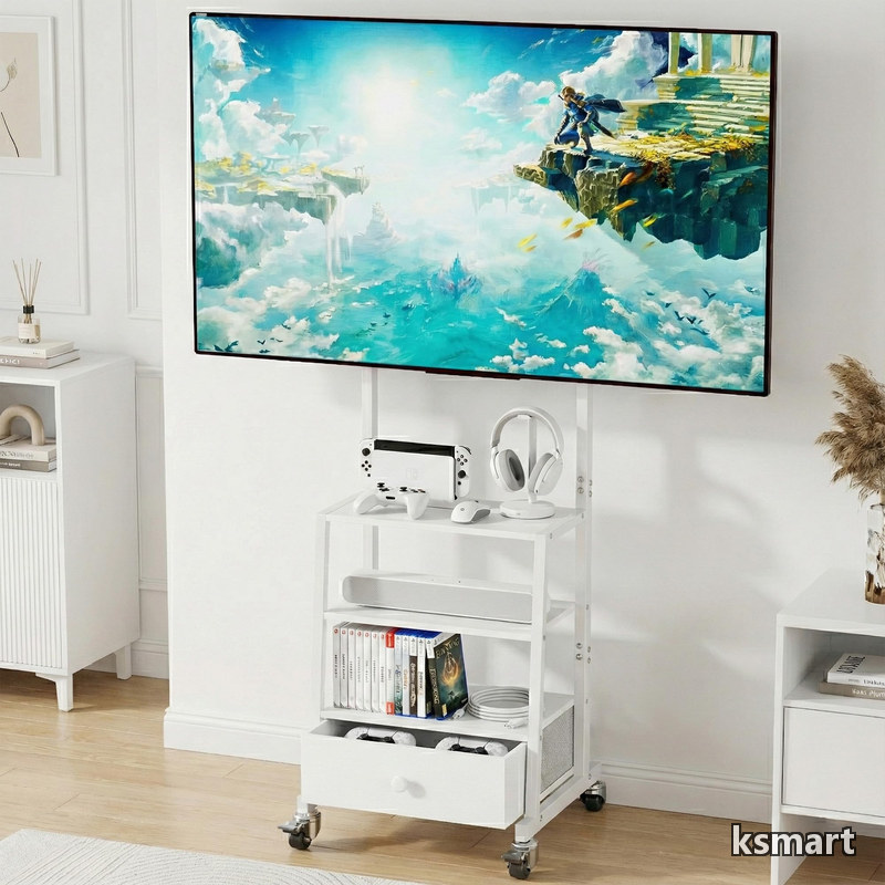 【送料無料】32~55インチ対応 引き出し付き ハイタイプ tvスタンド 移動式 壁寄せ 二重支柱設計 高さ調節可能 テ 棚付き 耐荷重45kg 省スペース 家用?会社用?業務用（ホワ｜ksmart 8,351円