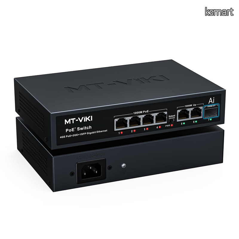 【送料無料】PoEハブ ギガビット 4ポートPoE + 2アップリンク + 1SFP (全7ポート) スイッチングハブ 合計65W ファンレス 静音 金属筐体 IEEE802.3af/at準拠 防犯カメラ/IP電話/AP対応｜ksmart