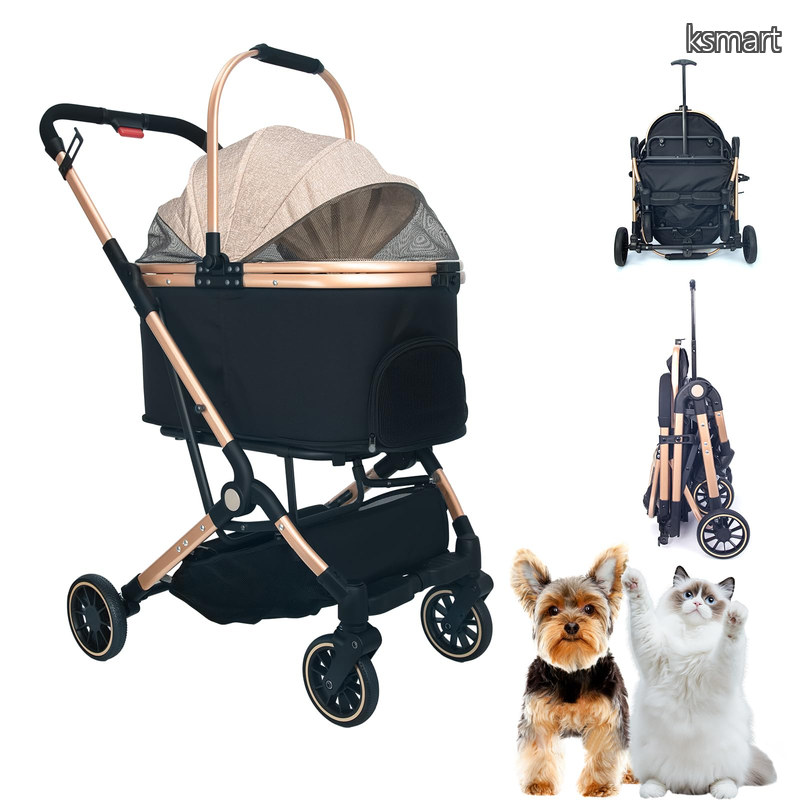 【送料無料】軽量 猫 犬用 バギー いぬ用 4輪 前輪360°回転 後輪ブレーキ付き 人気 犬用ベビーカー 外出便利 組み立て簡単 折りたたみ式 耐荷重20Kg 多頭の小型犬&猫|ksmart