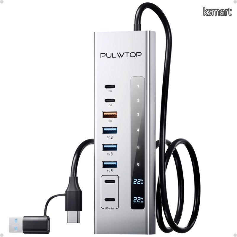 【送料無料】USB C ハブ、PULWTOP 11-in-1 USB ハブ、SD/TF、USB-C 10Gbps × 2、USB-A 5/10Gbps × 4、24/45W Type-C PD 充電ポート × 2 (ビデオ非対応)、USB パワード|ksmart