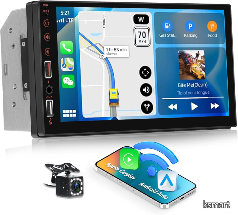 【送料無料】Din 7インチIPSタッチスクリーン搭載 ワイヤレスCarPlay/Android Auto対応 Bluetooth内蔵 スマホミラーリング YOUTUBE視聴可能 18局FMチューナー バックカメラ接続 純正ハンドル操作対応 (日本語と日本の周波数に対応)｜ksmart
