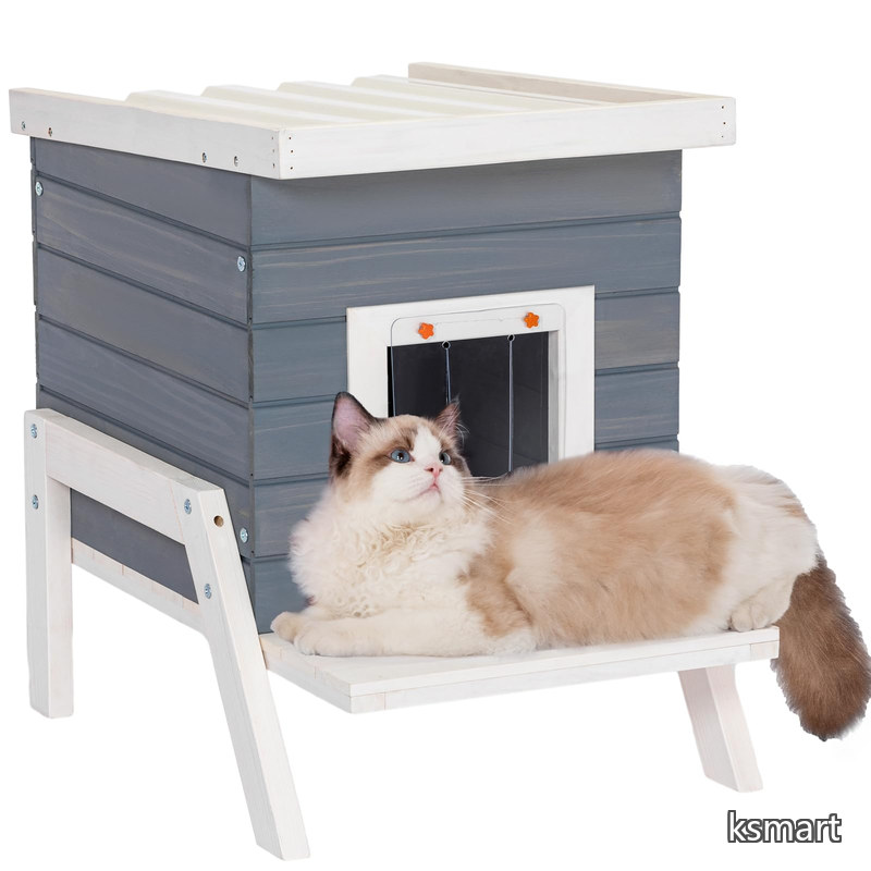 【送料無料】外猫ハウス 野良猫 四季対応 防湿 木製の屋外用猫小屋 逃げ道付き PVC屋根排水 防風・防寒・防雨・日射し遮蔽 通気性 簡単組立｜ksmart