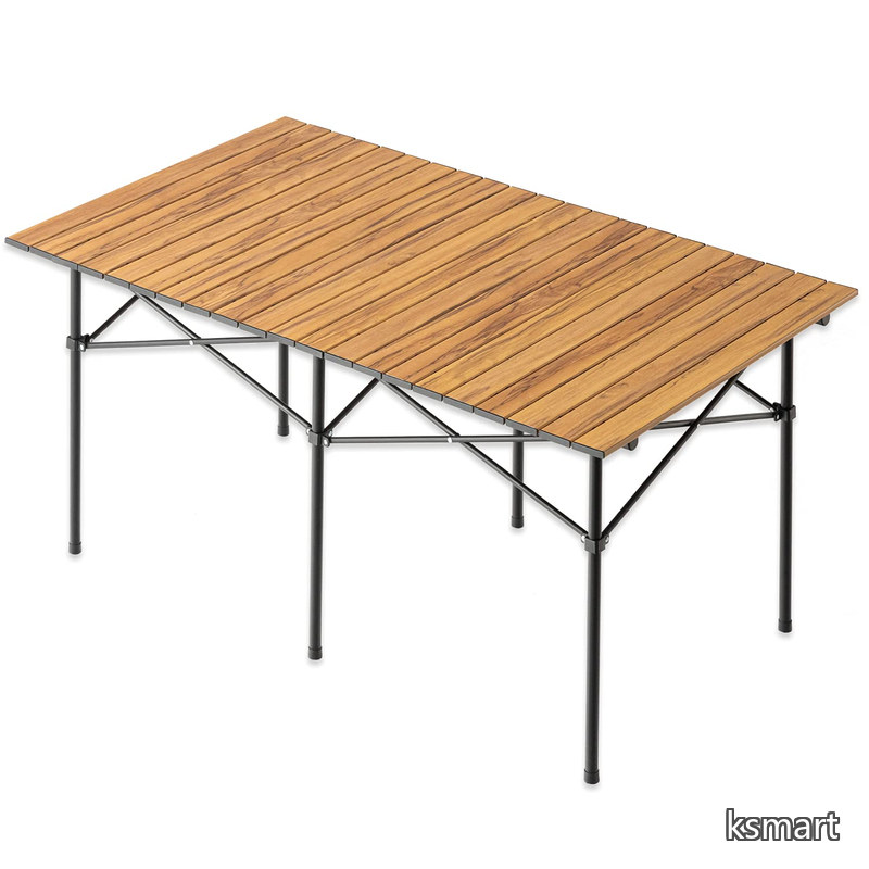 【送料無料】アウトドア テーブル キャンプ ロールトップ式 幅120&times;70cm 2段階 高さ調節 木目調 スチール 軽量 収納ケース付 コンパクト バーベキュー ナチュラル 44400105 10(81505)｜ksmart 7,712円