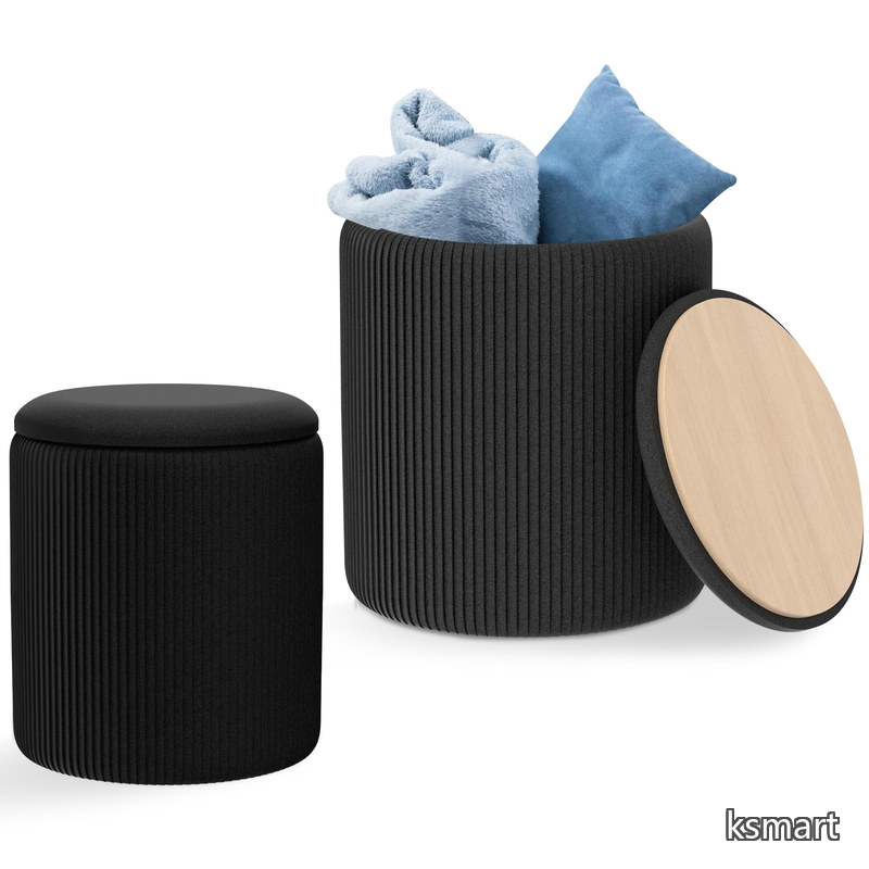 【送料無料】丸型 収納 オットマン 2個セット ベルベット 収納スツール メイクアップスツール 耐荷重150KG 足置き 布張り 両用 木製蓋 サイドテーブル リビング 寝室 化粧室 ブラック|ksmart