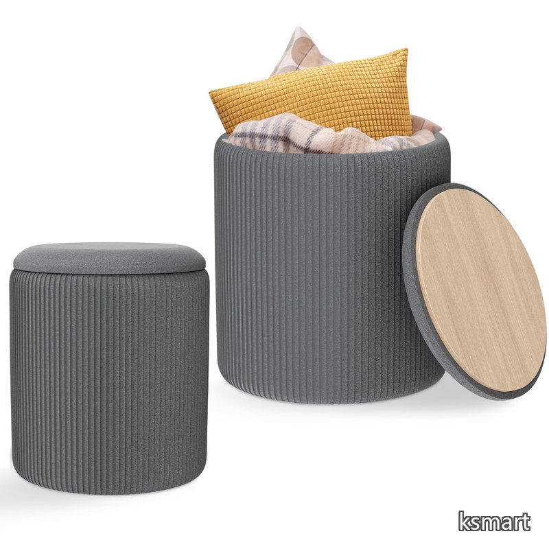 【送料無料】丸型 収納 オットマン 2個セット ベルベット 収納スツール メイクアップスツール 耐荷重150KG 足置き 布張り 両用 木製蓋 サイドテーブル リビング 寝室 化粧室 グレー｜ksmart