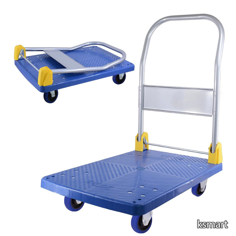 【送料無料】折り畳み 軽量 耐荷重200kg 手押し台車 72x48 CM 家庭用 平台車 360度回転 静音キャスター 引越し、家庭、倉庫、輸送、買い物、室内外(青)｜ksmart