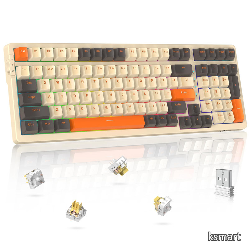 【送料無料】K98 メカニカルキーボード ワイヤレスBluetooth/無線2.4G/有線Type-C ゲーミングキーボード ホットスワップ - 3ピン/5ピン対応 イエロー軸 100キー 3種PBT混色のキーキャップ カスタム アンチゴーストキー 3000mAhバッテリー 超急速充電データケーブル RGBバック｜ksmart 9,264円