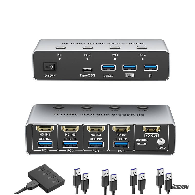 【送料無料】8K HDMI USB 切替器 4ポート(PC4台用)8K@60Hz 4K@120hz HDMI2.1 HDCP2.3 スプリンター キーボード/マウス/モニターを共有 メモリ/プリンター/外付けハードディスク対応 ドライバー不要 外付けスイッチ&USBケーブル4本付き(8K 4ポート)|ksmart