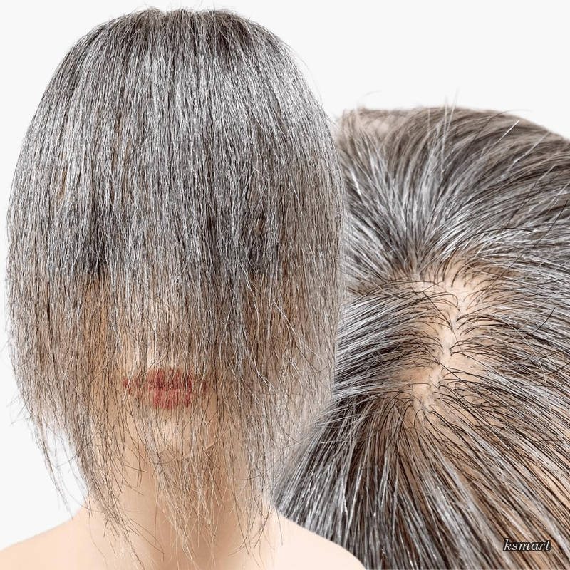 【送料無料】部分ウィッグ かつら ヘアピース ポイントウィッグ 白髪 グレイヘアー グレイ 女性 レディース 人毛100% ショート 前髪 ストレート 前髪ウィッグ 分け目自由自在 医療用 つむじ 頭頂部 うぃっぐ wig トップピース グレーヘアー (白8黒2(人毛10｜ksmart