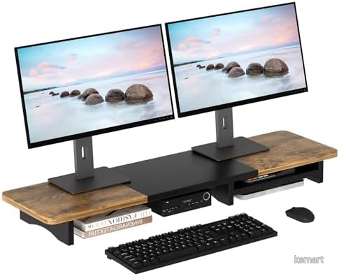 【送料無料】モニタースタンド 木製 幅108cm 卓上 モニター台 机上台 デスク整理 2段収納 目線アップ 首肩負担軽減 人間工学設計 猫背改善 耐荷重30kg ギフト｜ksmart