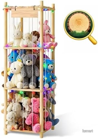 【送料無料】ぬいぐるみ収納 動物園オーガナイザー 天然パイン材 伸縮バンド付き 縦型木製おもちゃホルダー メッシュネット 省スペースデザイン プレイルーム 子供部屋 ベビールーム｜ksmart