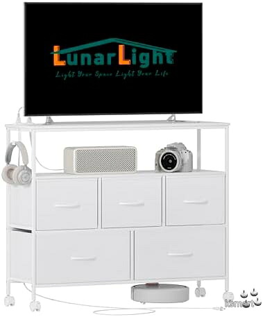 【送料無料】収納チェスト 幅100奥行30高さ78cm 引き出し5個 2口コンセント付き キャスター付き ストッパー付き テレビ台 頑丈 大容量 組立簡単 ホワイト｜ksmart