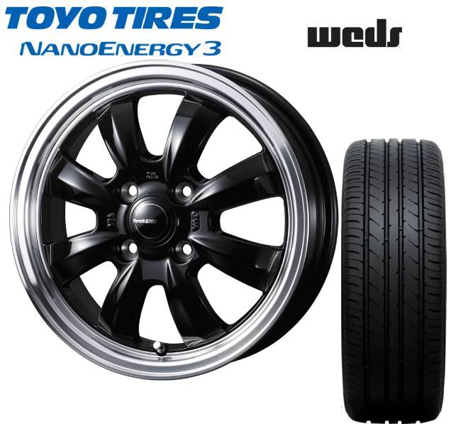 ■TOYO （トーヨー) NANOENERGY3 165/55R15 ■WEDS ウェッズ GYRAFT 8S 15インチ 4.5J+45 4H100 ブラック サマータイヤホイールセット 軽自動車用