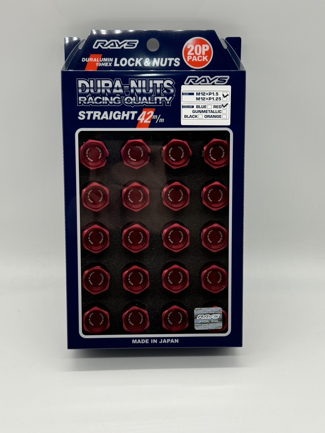 RAYS レイズ【DURA-LOCK&NUT L42 STRAIGHT M12X1.5 RD (Red)】ロックナット付き 20個入(ナット×16 ロックナット×4) 5H用