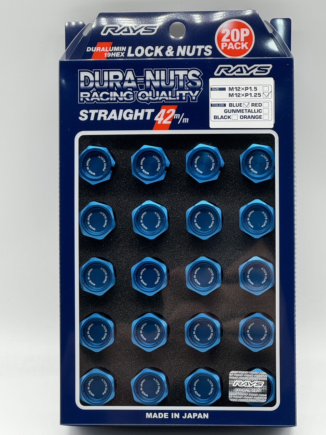 RAYS レイズ【DURA-LOCK&NUT L42 STRAIGHT M12X1.25 BL (Blue)】ロックナット付き 20個入(ナット×16 ロックナット×4) 5H用