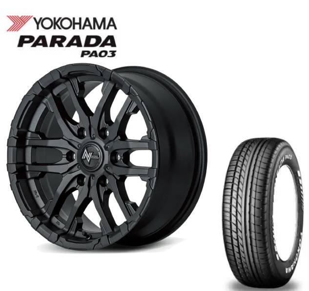 ■YOKOHAMA PARADA PA03 ホワイトレター 215/65R16C 109/107S ■MID WHEELS NITRO POWER M26 CROSS FANG 16インチ 6.5J+38 6H139.7 ZBK サマータイヤホイールセット　ハイエース用