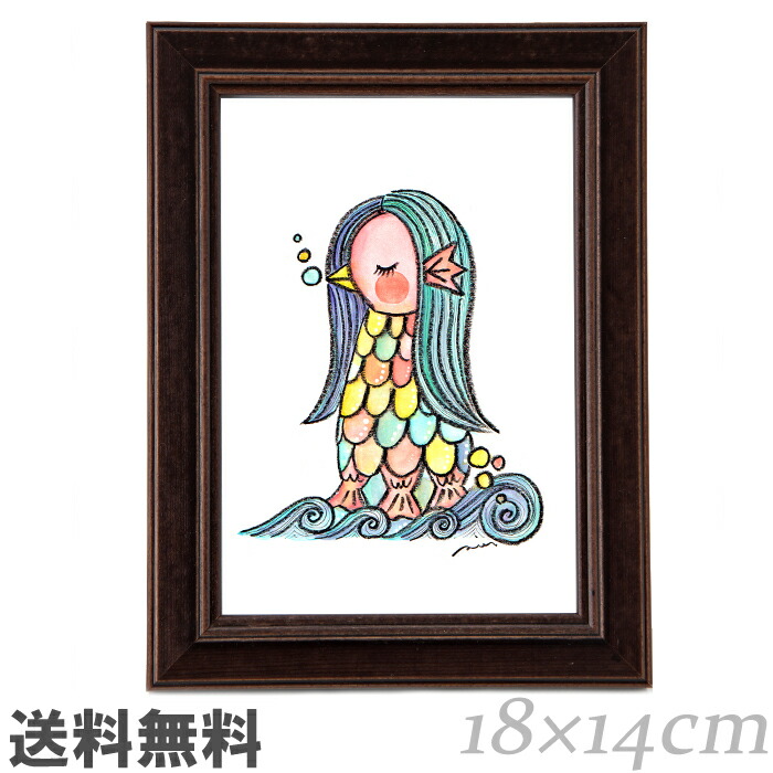 RIE『AMABIE』縦18times;横14cm【送料無料】世界中に笑顔を広げるアーティストRIE『AMABIE』/木製フレーム付き妖怪アマビエ疫病退散絵画アート壁掛け立て掛けインテリア