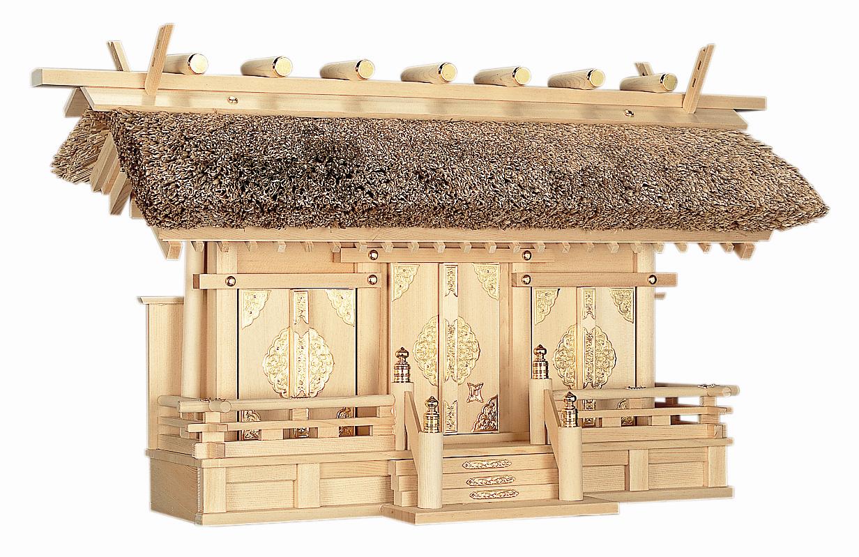 送料無料・名入れ彫刻 神棚茅葺通し三社M-5金具扉 通販
